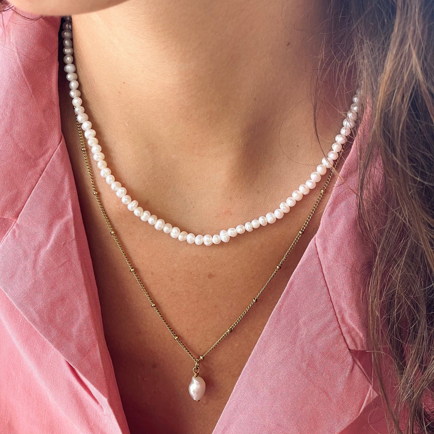 Damen Perlen Choker mit Süßwasserperlen Gold Edelstahl 18K PVD Verstellbare Halskette