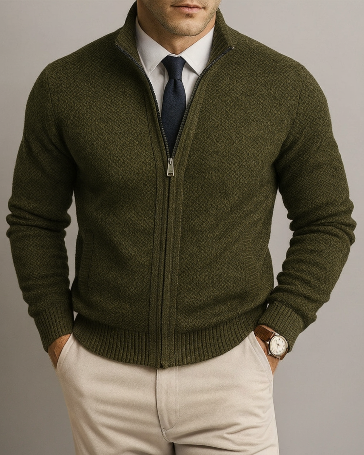 Herren Strickjacke aus Merinowolle, Baumwolle, tailliert, weich, elegant, zeitlos