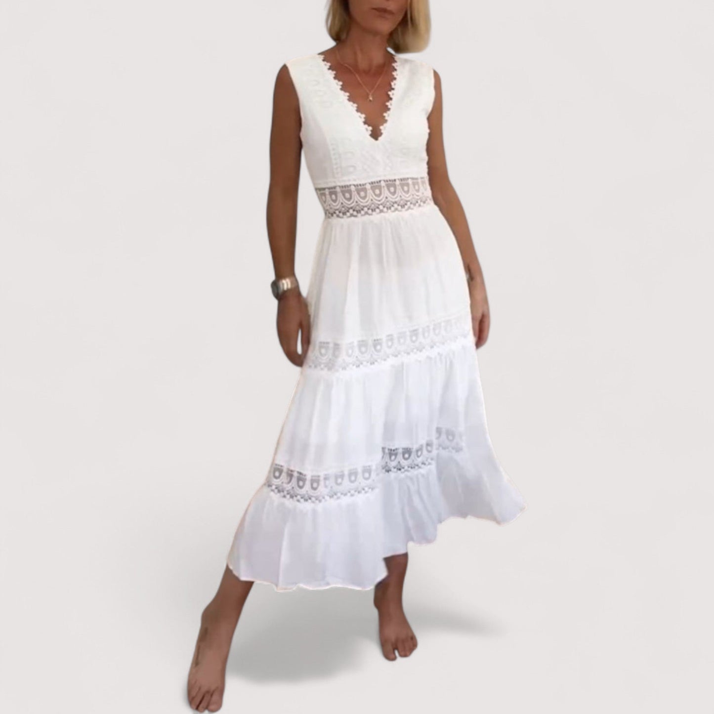 Damen Sommerkleid V-Ausschnitt tailliert Stufenrock Spitze locker Passform