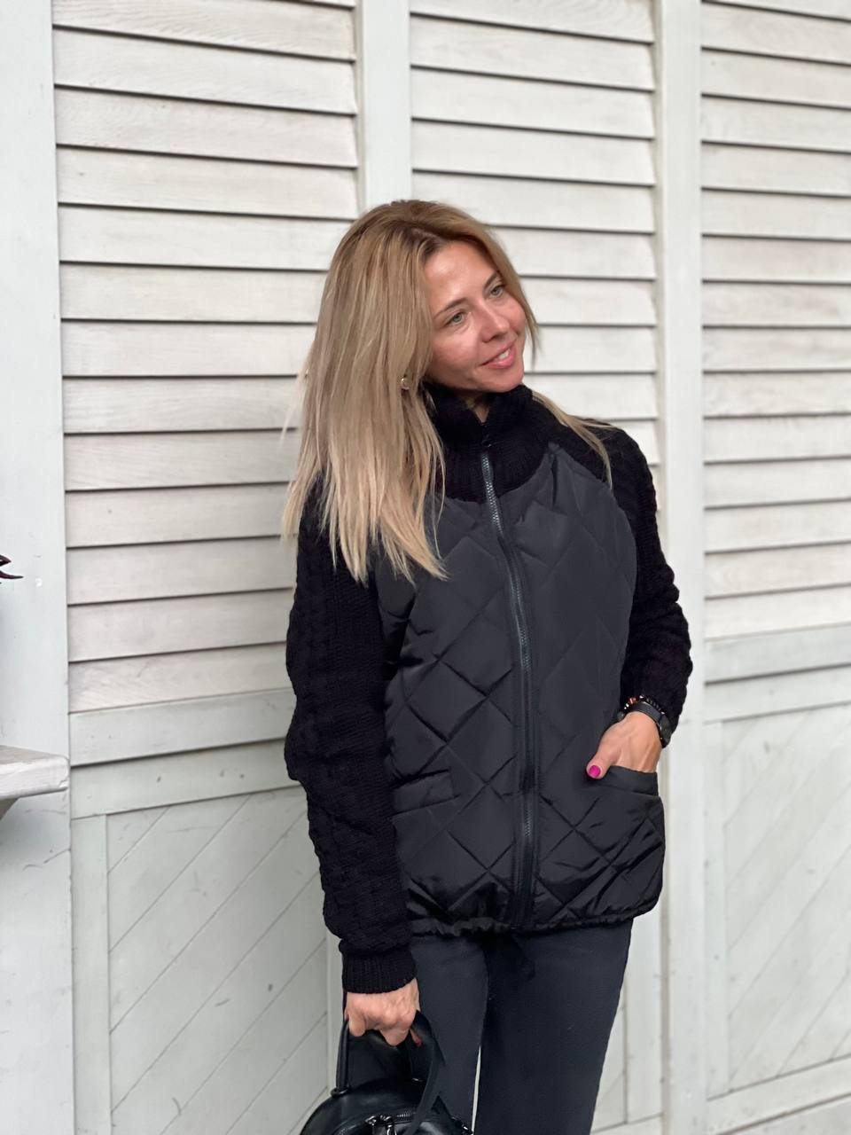 Damen Strickjacke Patchwork einfarbig Langarm Lockerer Fit Hüftlang Freizeit Übergangsjacke Strick