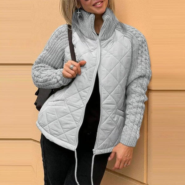 Damen Strickjacke Patchwork einfarbig Langarm Lockerer Fit Hüftlang Freizeit Übergangsjacke Strick
