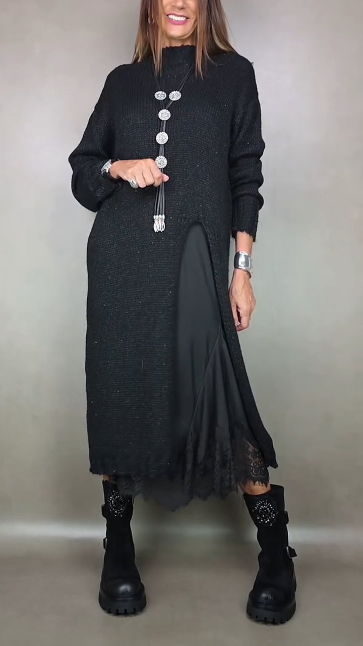 Damen Strickkleid Set Langarm lose Seitenschlitz Layer Look elegante Passform