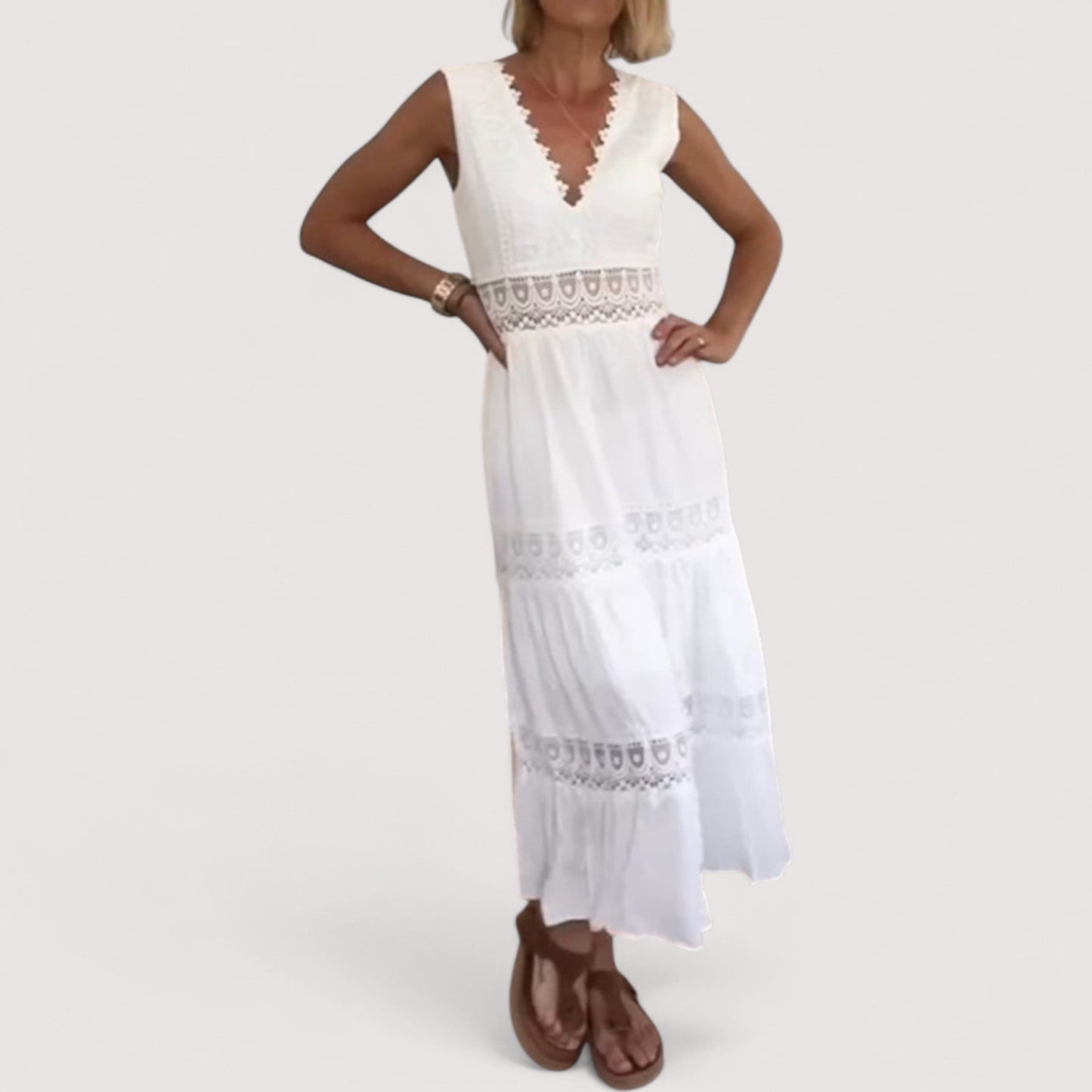 Damen Sommerkleid V-Ausschnitt tailliert Stufenrock Spitze locker Passform