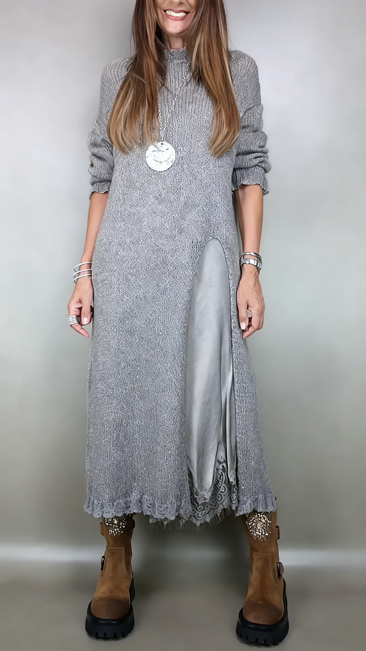 Damen Strickkleid Set Langarm lose Seitenschlitz Layer Look elegante Passform
