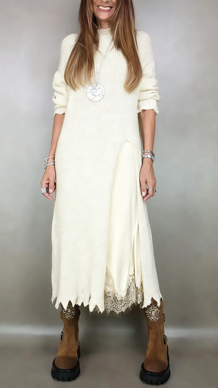Damen Strickkleid Set Langarm lose Seitenschlitz Layer Look elegante Passform