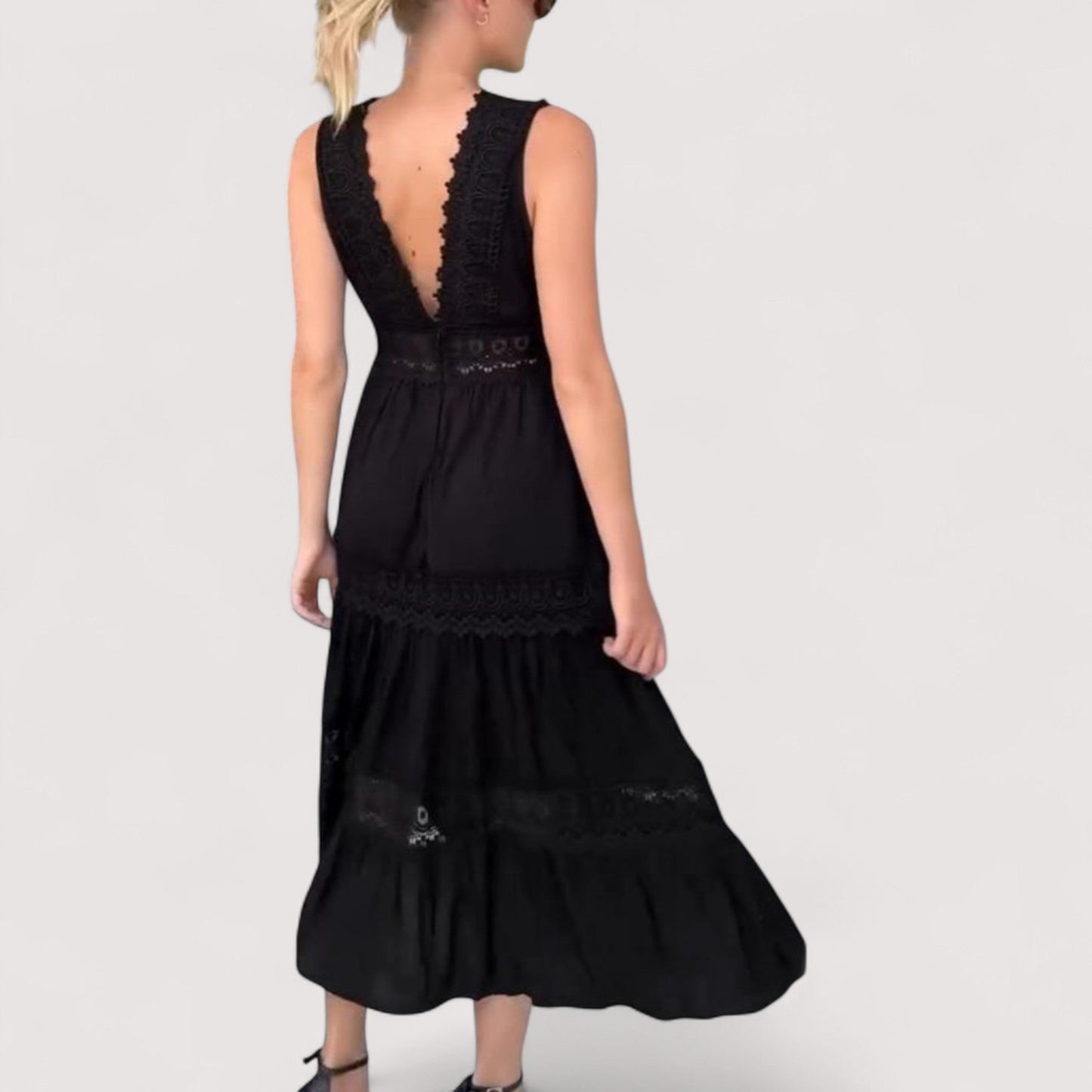 Damen Sommerkleid V-Ausschnitt tailliert Stufenrock Spitze locker Passform