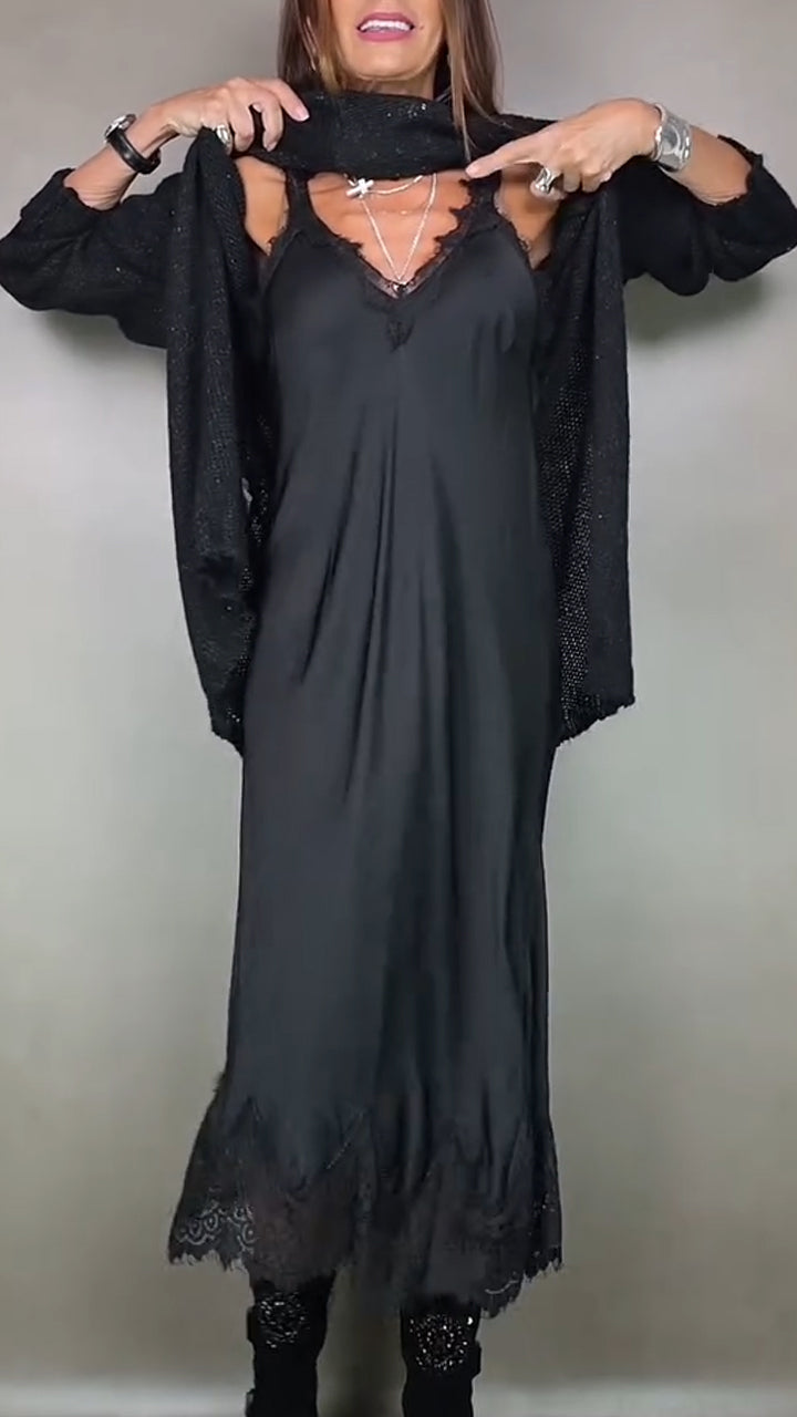 Damen Strickkleid Set Langarm lose Seitenschlitz Layer Look elegante Passform