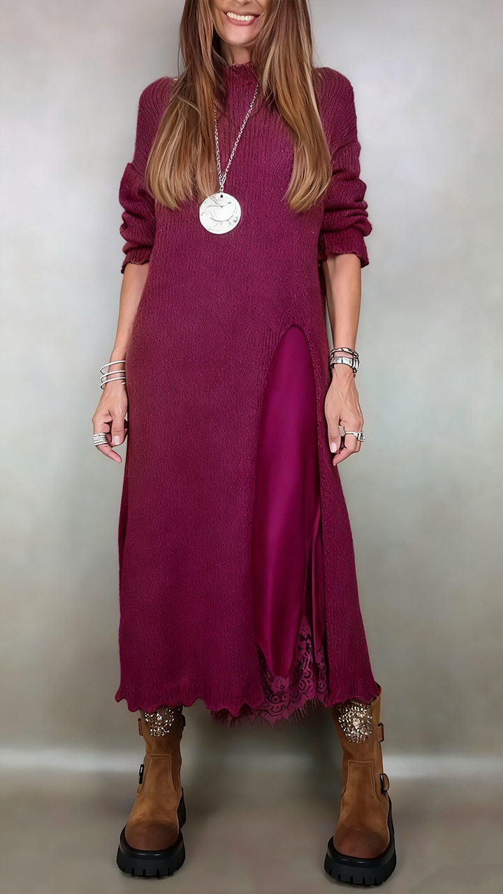 Damen Strickkleid Set Langarm lose Seitenschlitz Layer Look elegante Passform