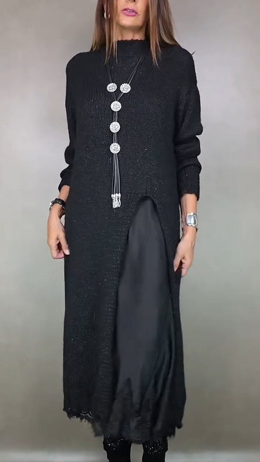 Damen Strickkleid Set Langarm lose Seitenschlitz Layer Look elegante Passform