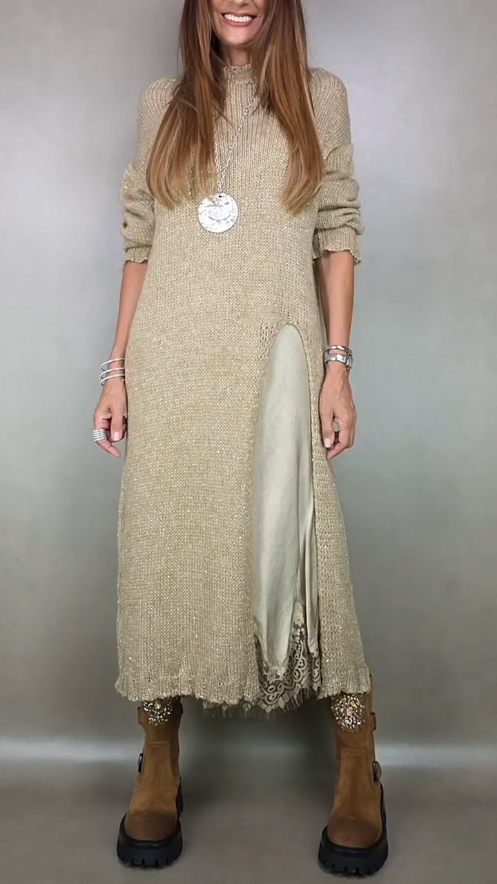 Damen Strickkleid Set Langarm lose Seitenschlitz Layer Look elegante Passform