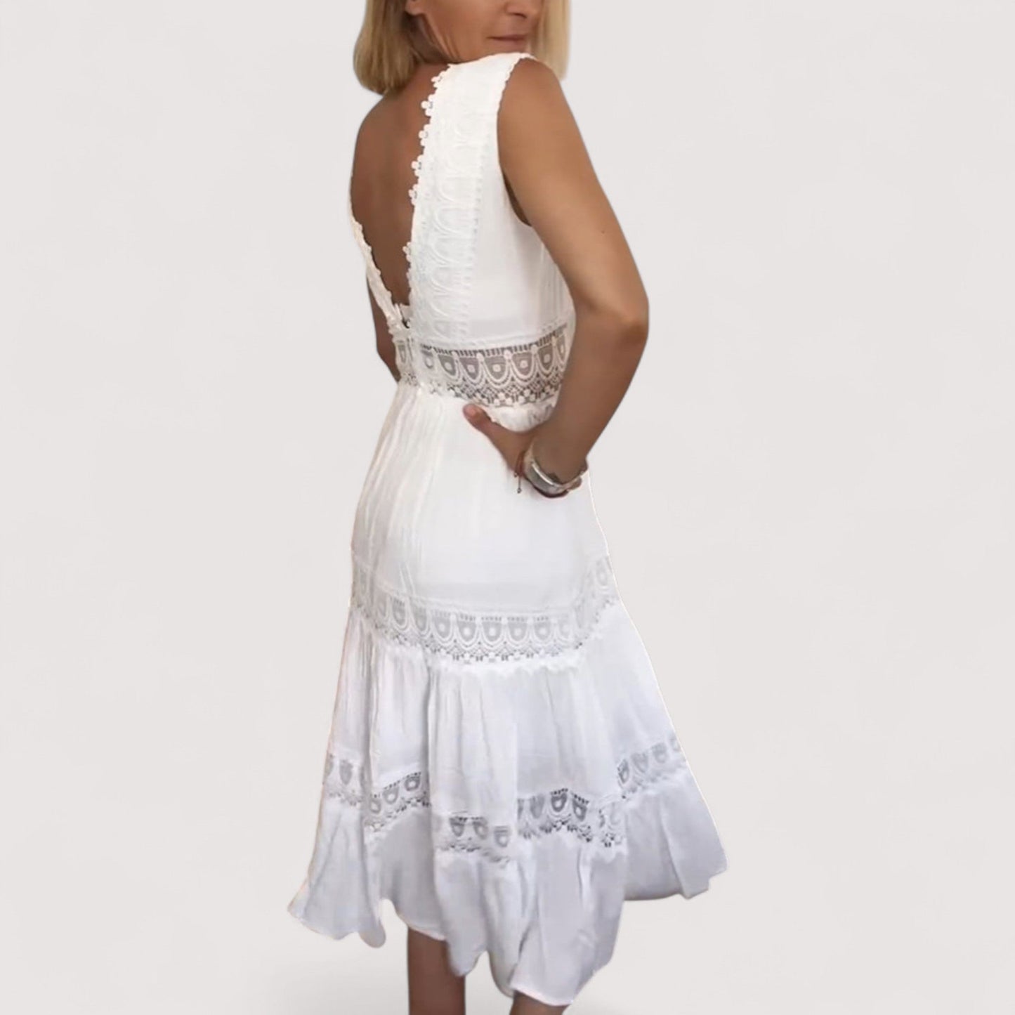 Damen Sommerkleid V-Ausschnitt tailliert Stufenrock Spitze locker Passform