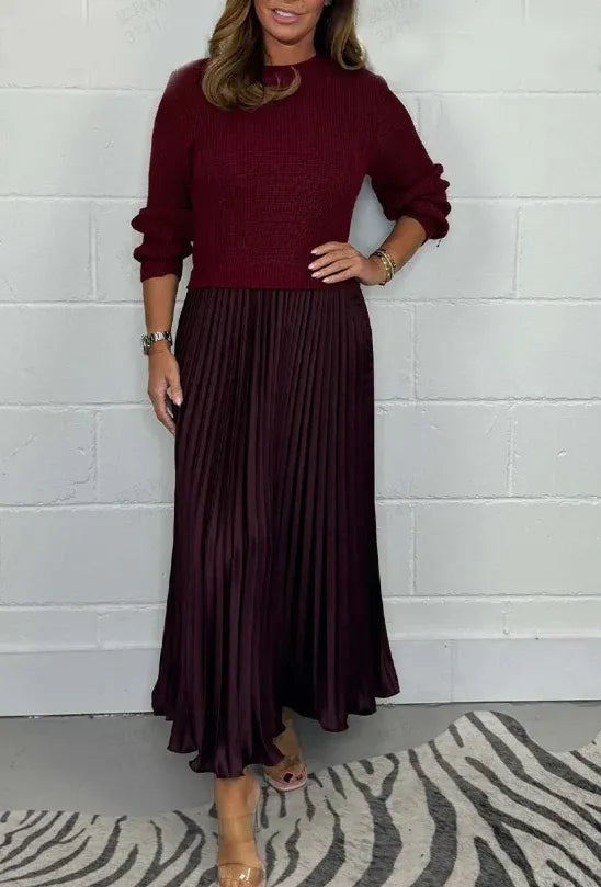 Damen Maxikleid langarm Plissee Rock kombinierter Look figurbetont fließend für Alltag und Büro