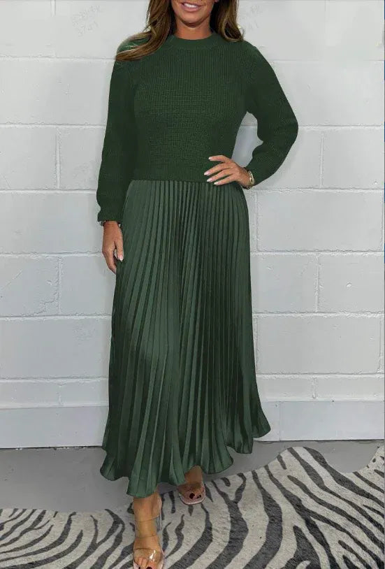 Damen Maxikleid langarm Plissee Rock kombinierter Look figurbetont fließend für Alltag und Büro