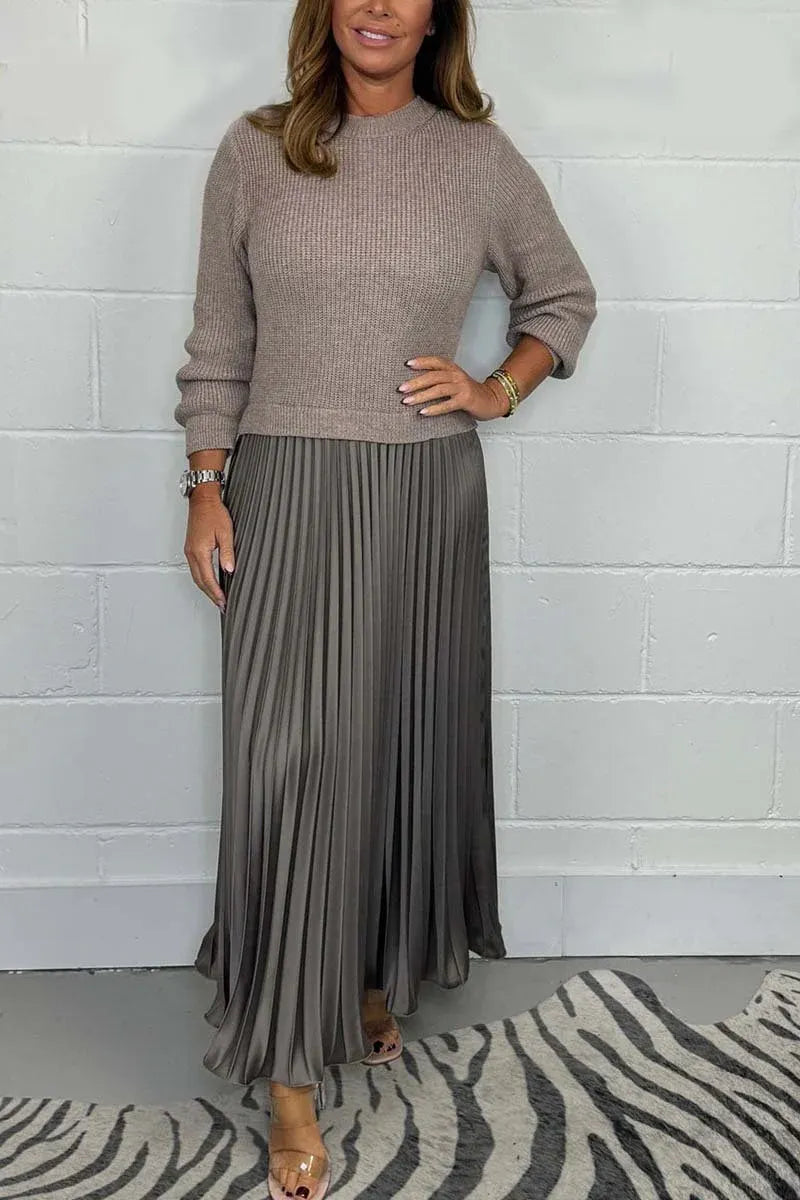 Damen Maxikleid langarm Plissee Rock kombinierter Look figurbetont fließend für Alltag und Büro