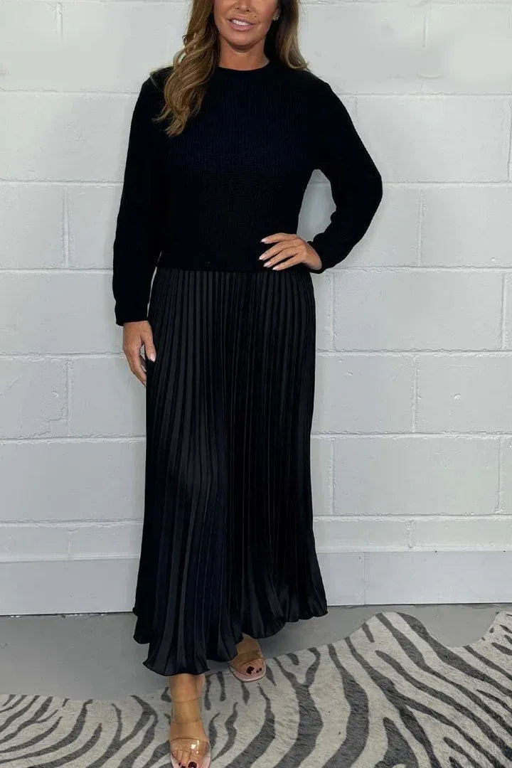 Damen Maxikleid langarm Plissee Rock kombinierter Look figurbetont fließend für Alltag und Büro