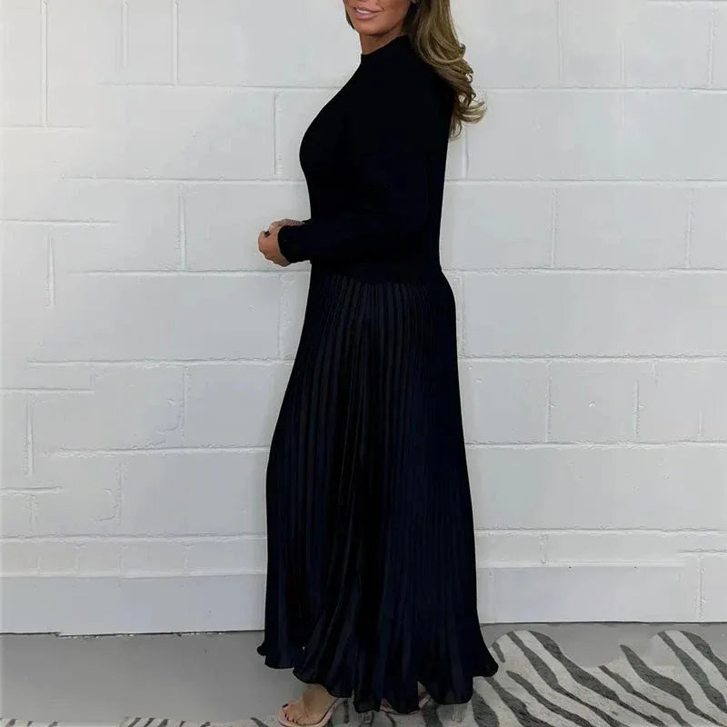 Damen Maxikleid langarm Plissee Rock kombinierter Look figurbetont fließend für Alltag und Büro