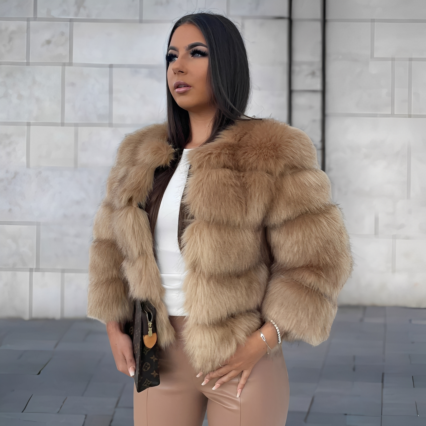 Damen Kunstpelz Kurzjacke einfarbig voluminös strukturiert Rundhals Langarm Winter