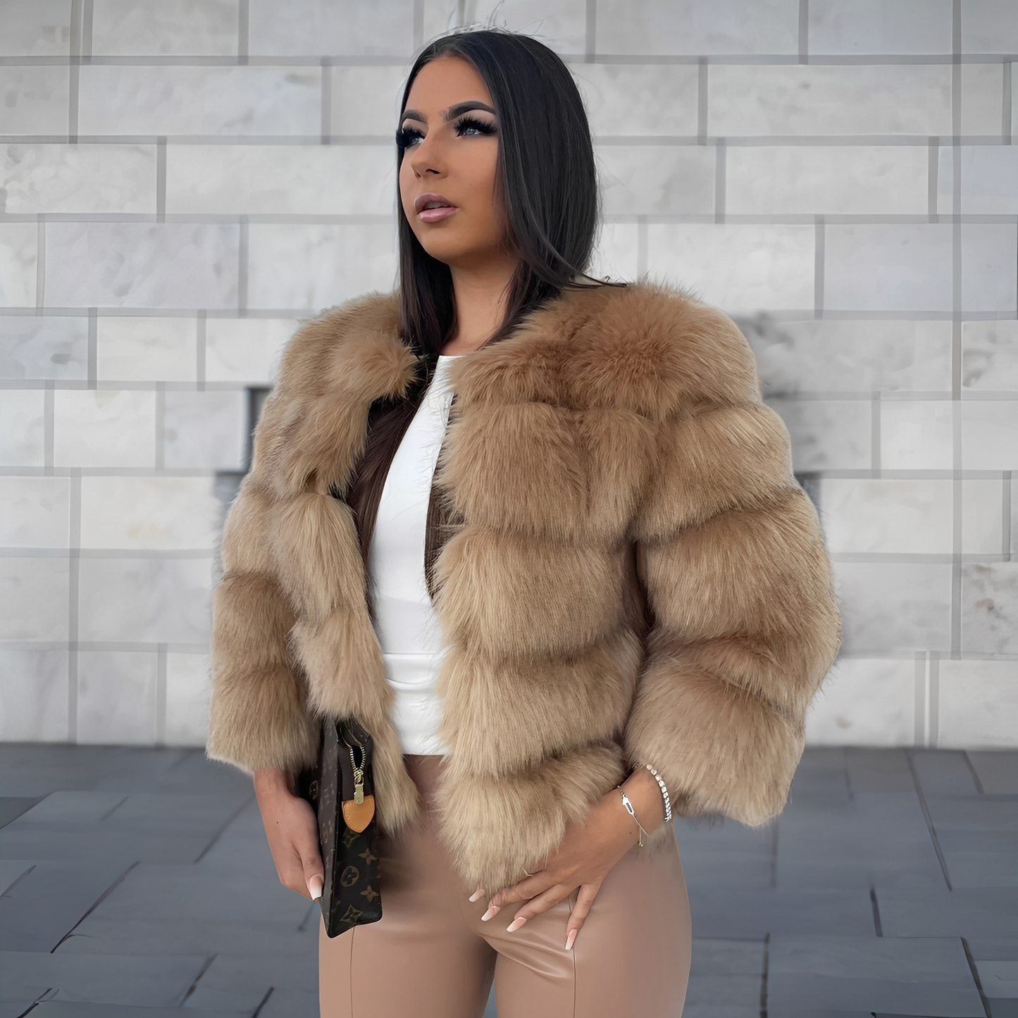 Damen Kunstpelz Kurzjacke einfarbig voluminös strukturiert Rundhals Langarm Winter