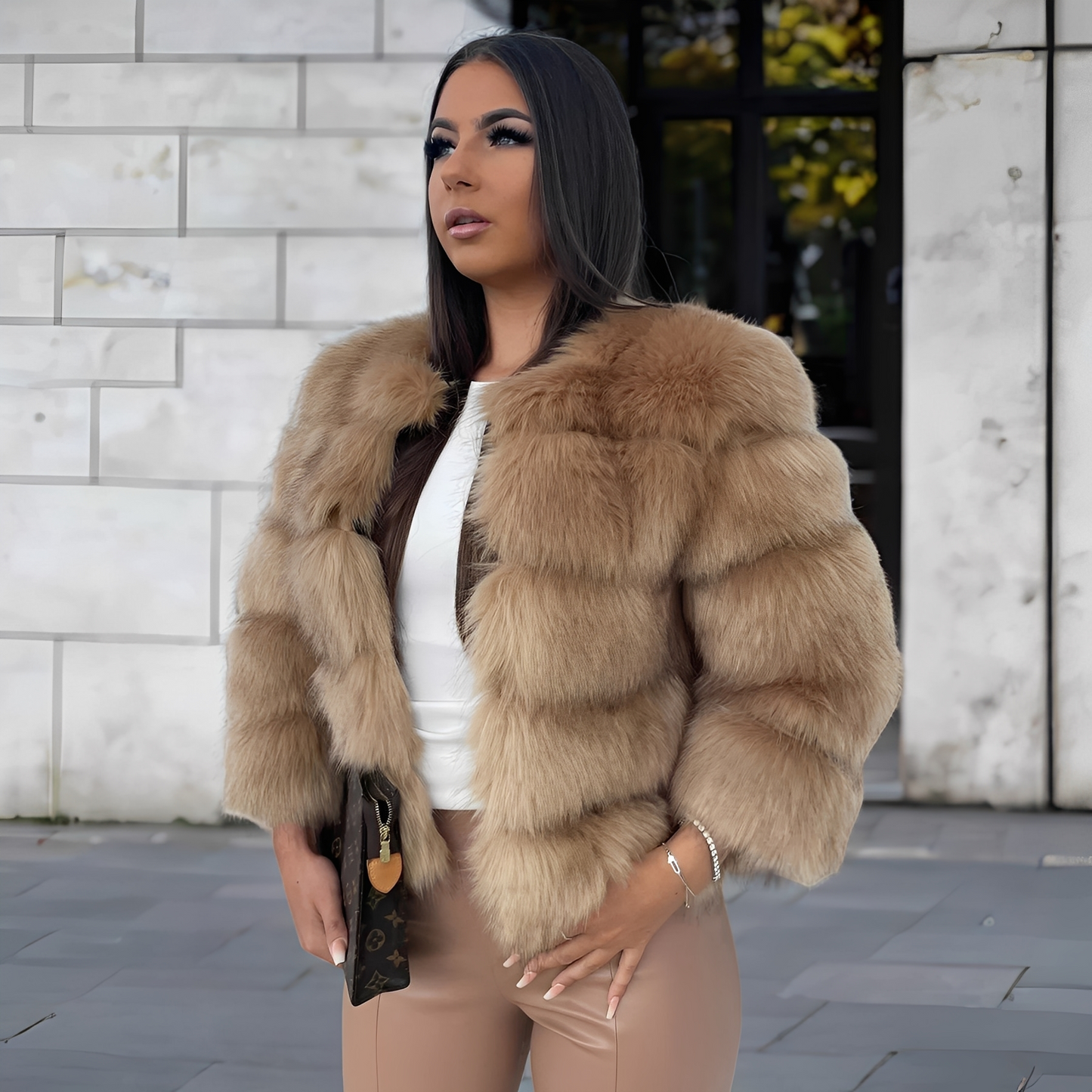 Damen Kunstpelz Kurzjacke einfarbig voluminös strukturiert Rundhals Langarm Winter