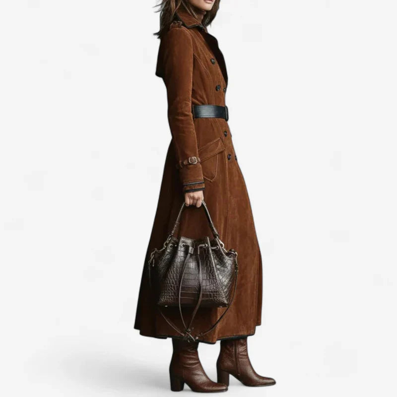 Women's Coat Long Waisted Elegant Belt Lapel Soft Surface