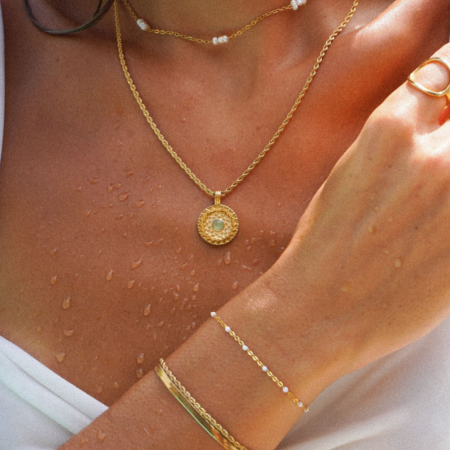 Damen Naturstein Halskette Gold Aventurin Sonnenmotiv Edelstahl verstellbar