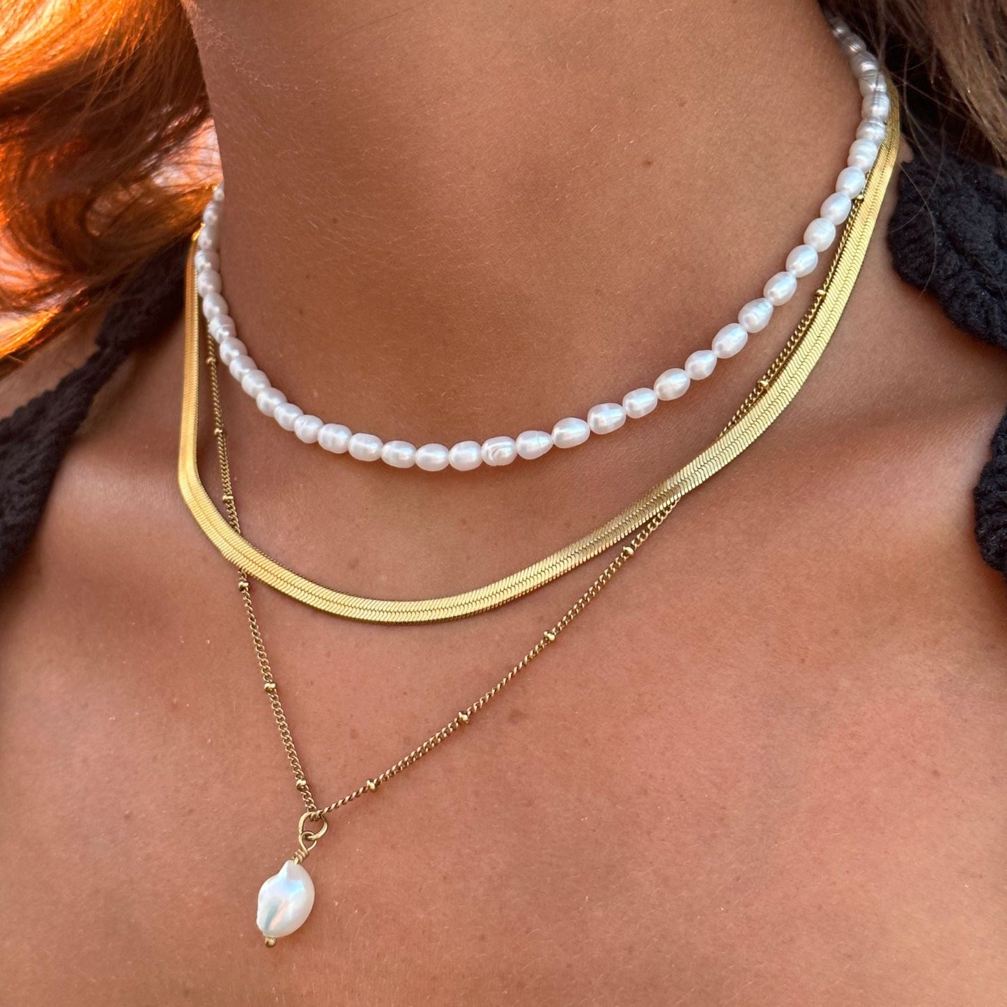 Damen Halsketten Set Gold mit Süßwasserperlen 3-teilig Layering Ketten wasserfest Edelstahl vergoldet