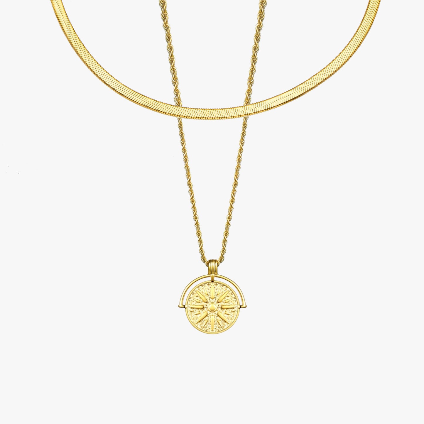 Damen Schmuckset Gold Herringbone Choker Sonnenanhänger Halskette verstellbar wasserfest Edelstahl