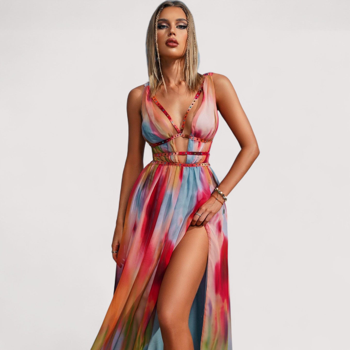 Damen Maxikleid Cut-Outs gemustert fließend leicht figurbetont elegant