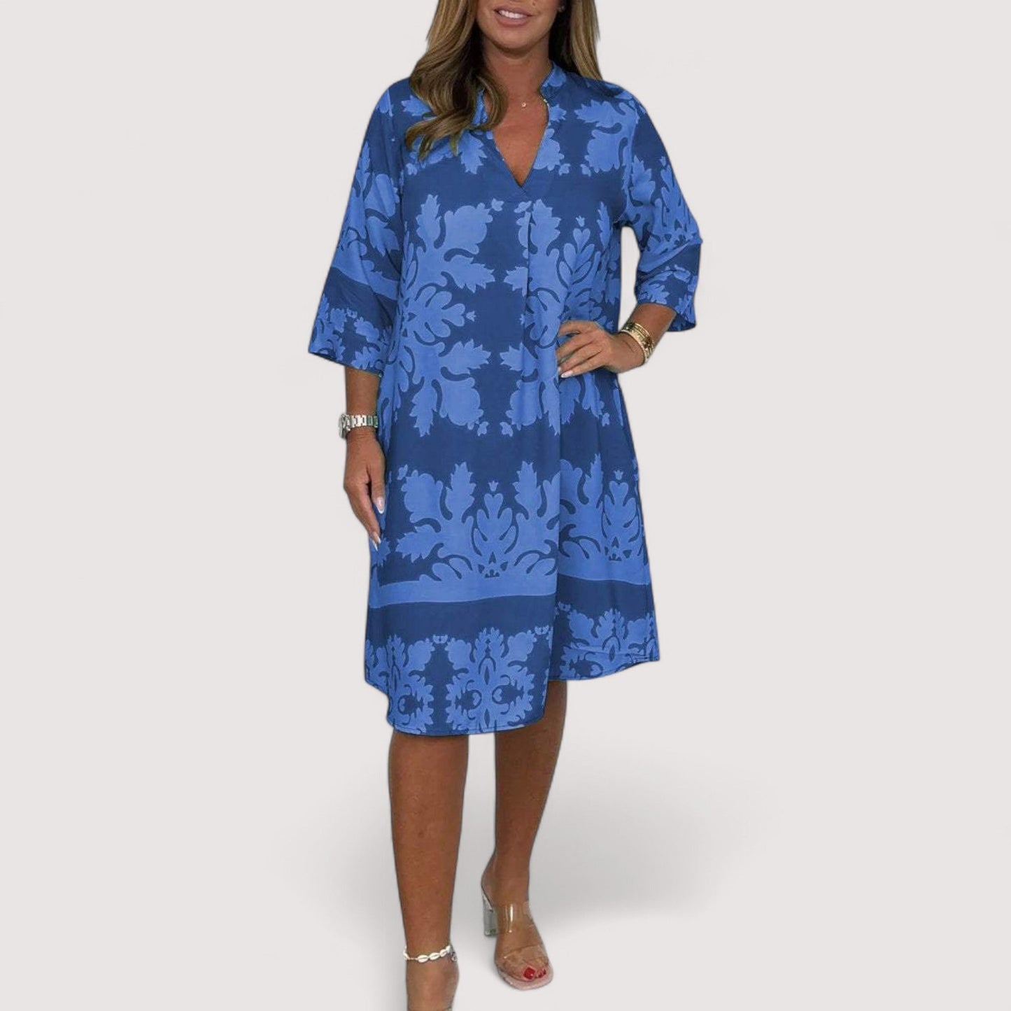 Damen Kleid V-Ausschnitt gemustert locker leicht bequem vielseitig