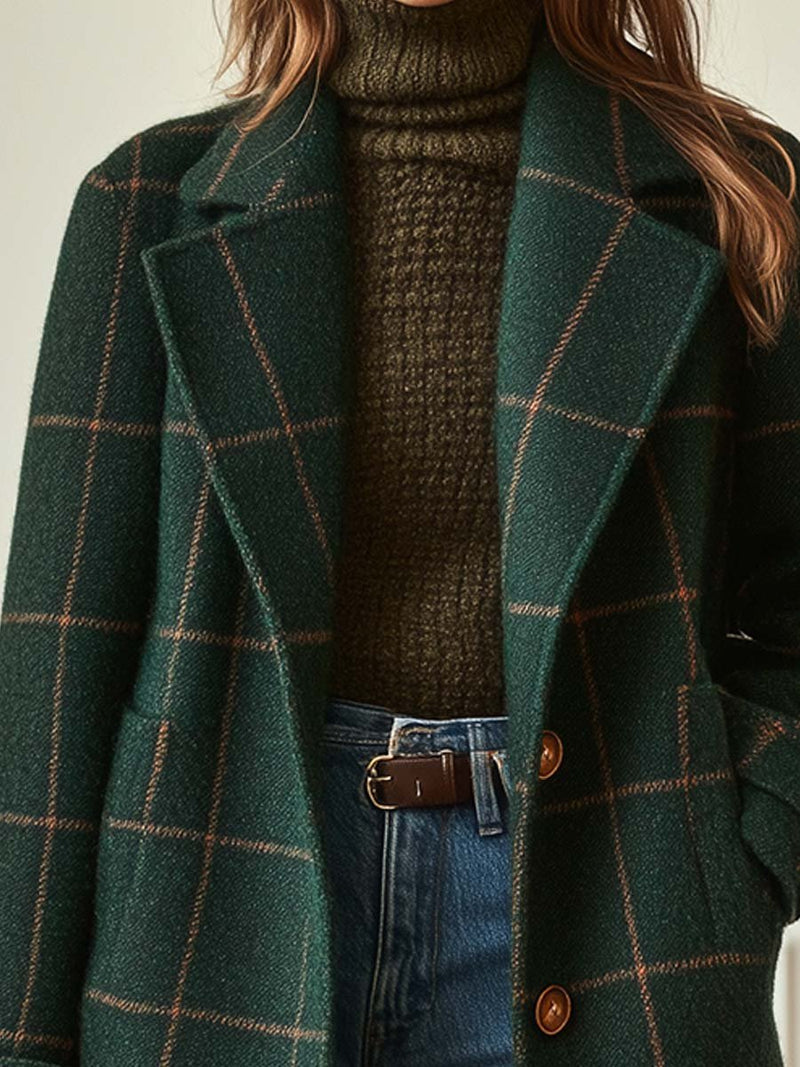 Damen Mantel Kariert Tailliert Reverskragen Retro Elegant Knopfleiste