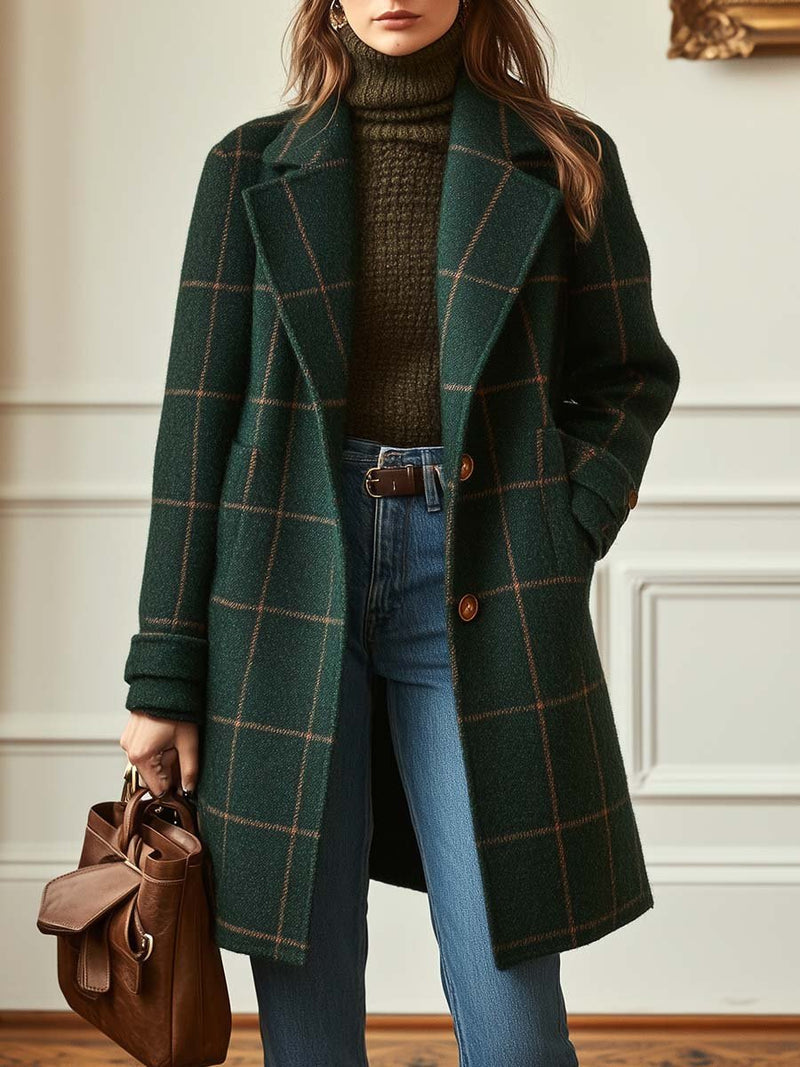 Damen Mantel Kariert Tailliert Reverskragen Retro Elegant Knopfleiste