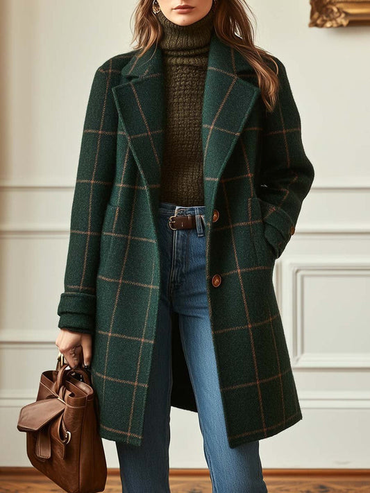Damen Mantel Kariert Tailliert Reverskragen Retro Elegant Knopfleiste