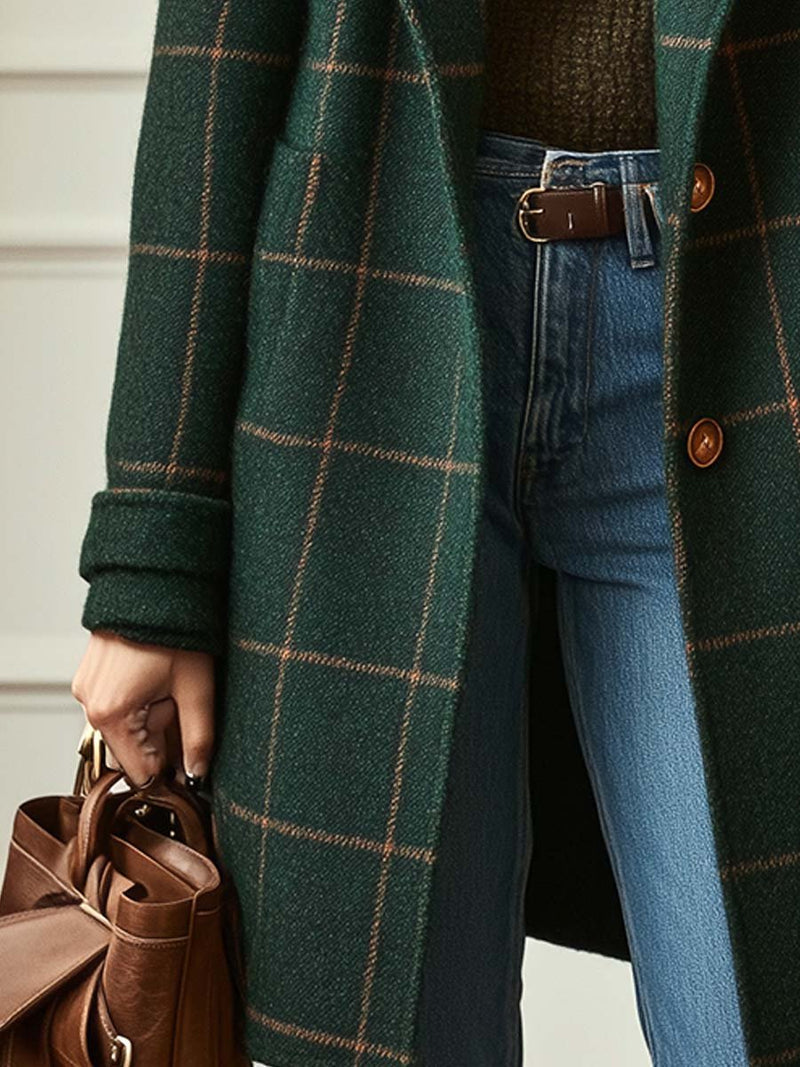 Damen Mantel Kariert Tailliert Reverskragen Retro Elegant Knopfleiste