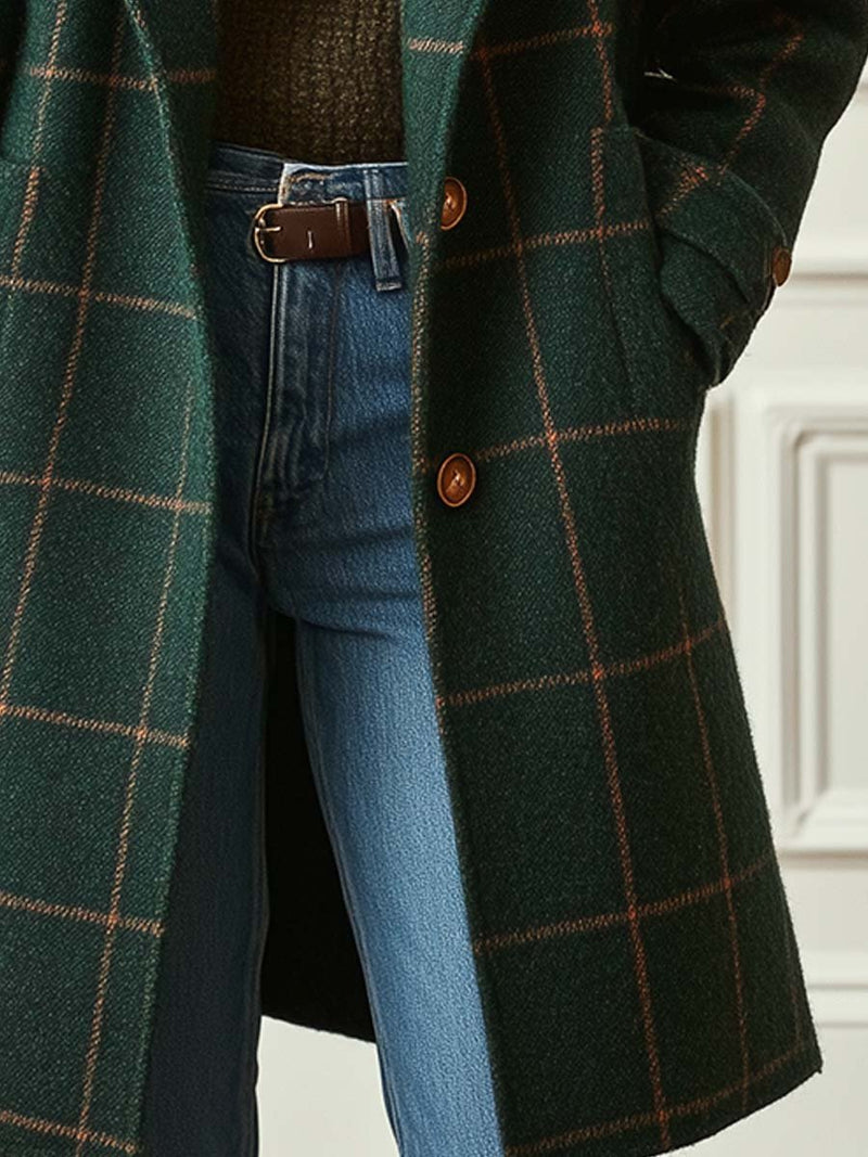 Damen Mantel Kariert Tailliert Reverskragen Retro Elegant Knopfleiste