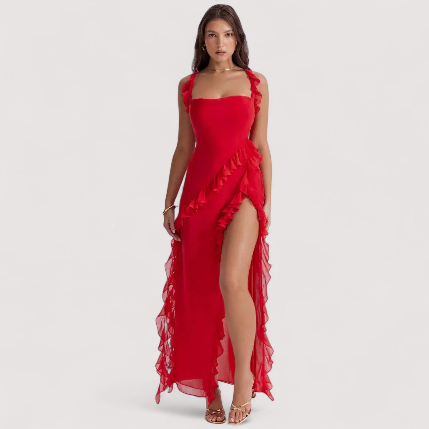 Damen Maxikleid Schlitz Cut-Outs figurbetont elegante Passform Abendkleid