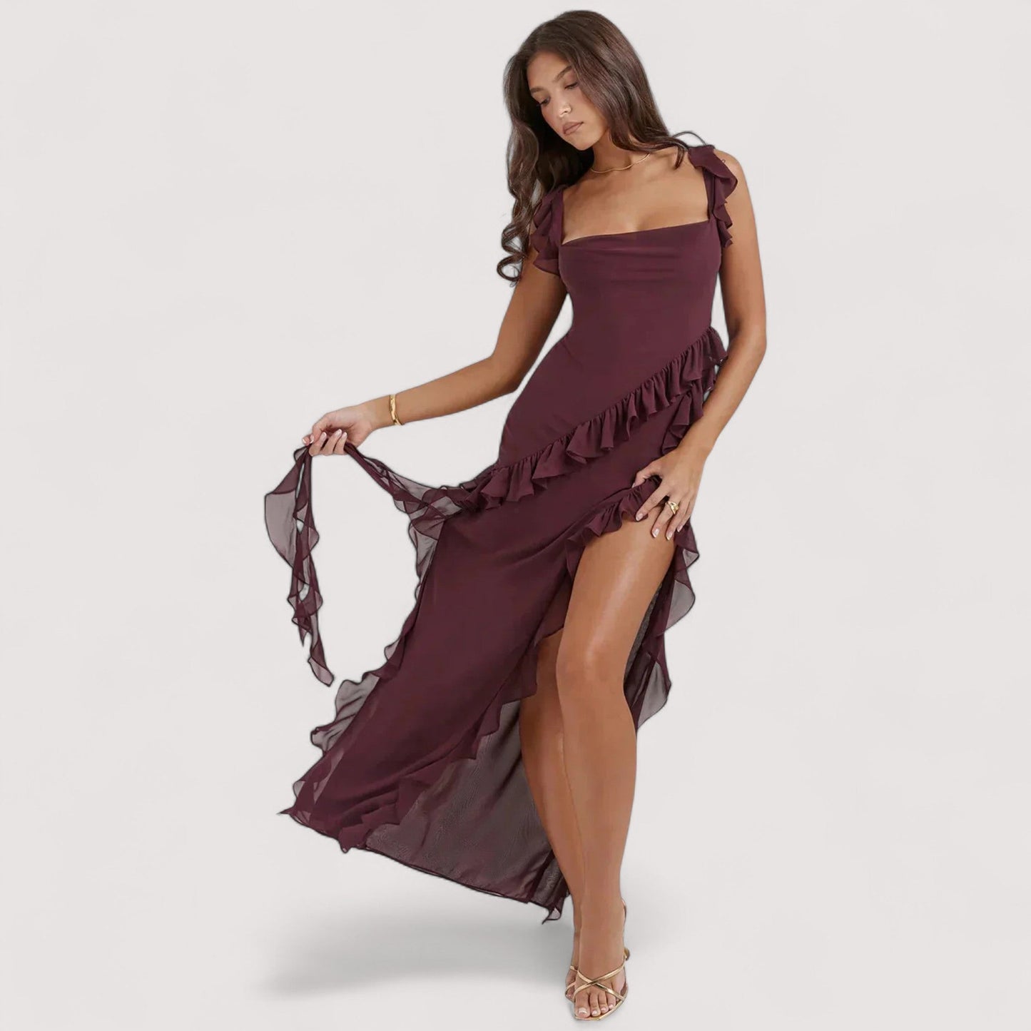 Damen Maxikleid Schlitz Cut-Outs figurbetont elegante Passform Abendkleid