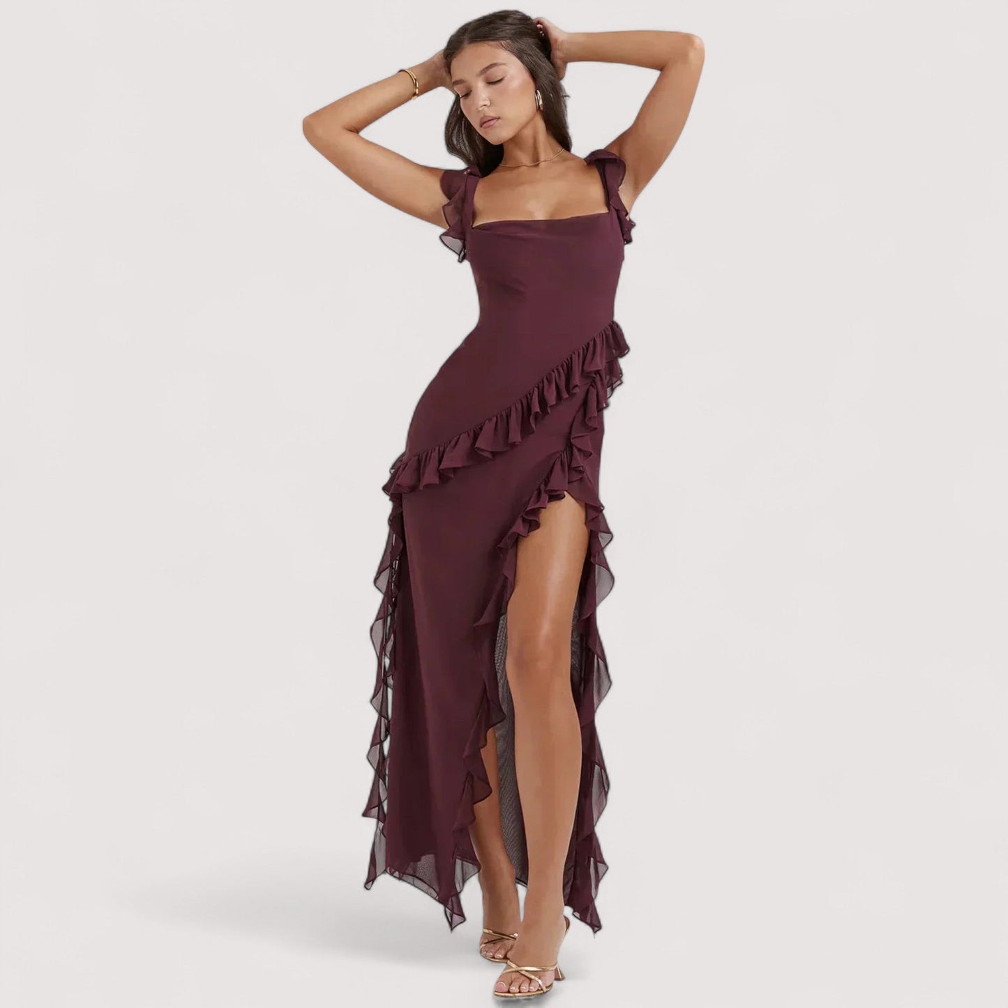 Damen Maxikleid Schlitz Cut-Outs figurbetont elegante Passform Abendkleid