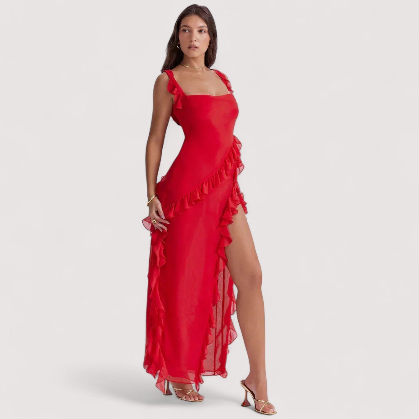 Damen Maxikleid Schlitz Cut-Outs figurbetont elegante Passform Abendkleid