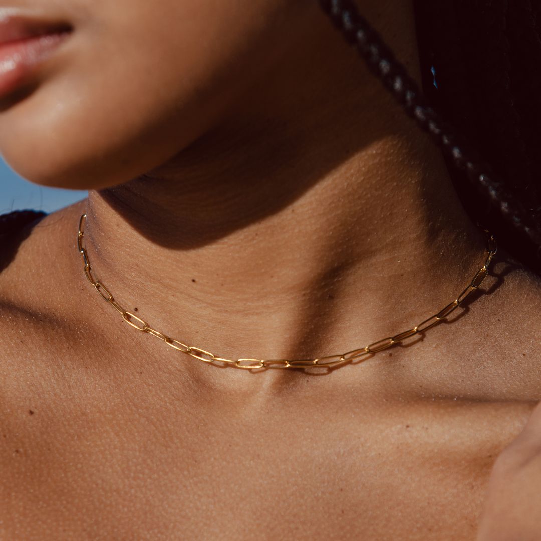 Damen Paperclip Choker Gold, Gliederkette 3 mm, verstellbar, wasserfest, hypoallergen, Halskette