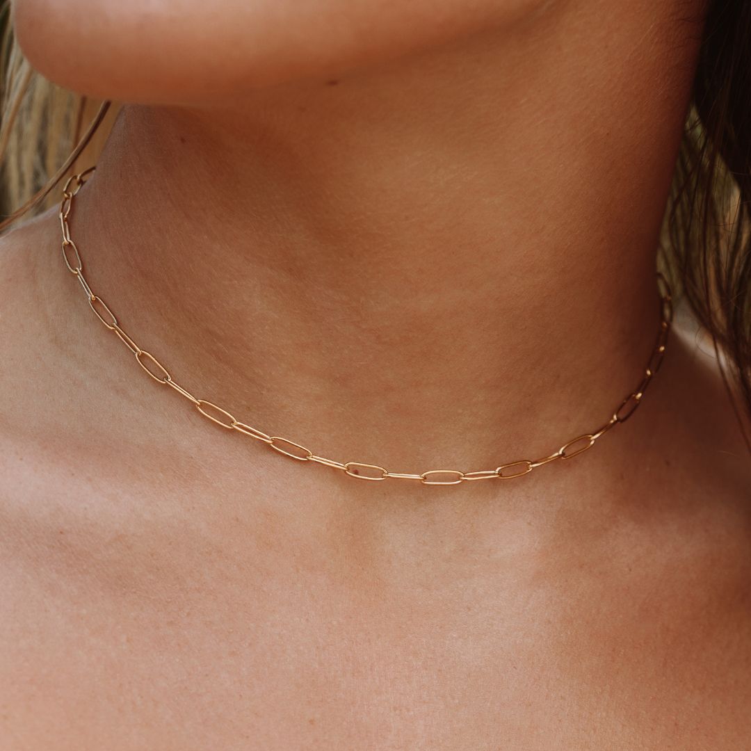 Damen Paperclip Choker Gold, Gliederkette 3 mm, verstellbar, wasserfest, hypoallergen, Halskette