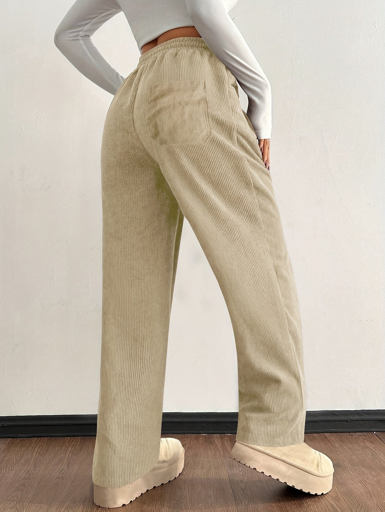 Damen Hose Wide Leg Regular Fit Cord Rippstruktur High Waist Kordelzug Elastisch Casual Atmungsaktiv Alltag