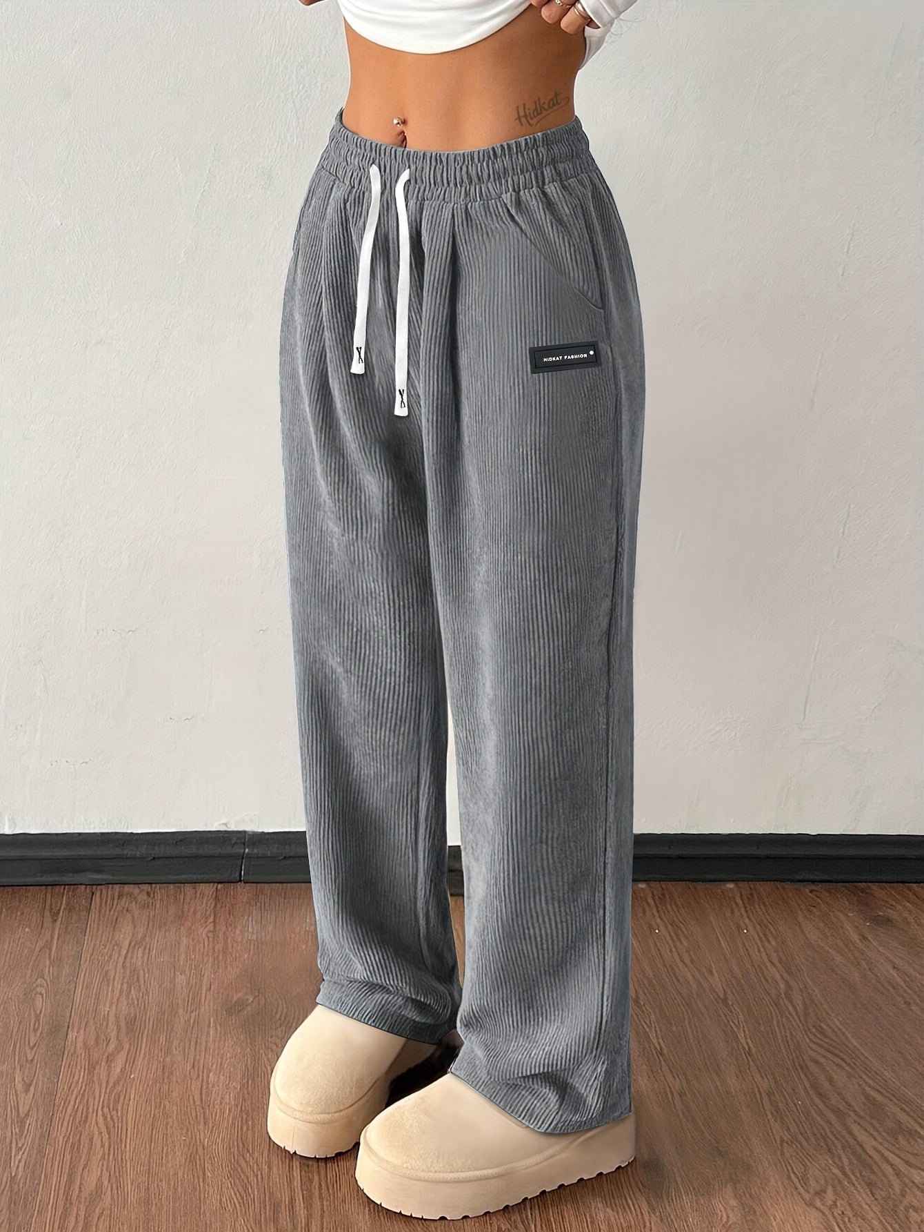 Damen Hose Wide Leg Regular Fit Cord Rippstruktur High Waist Kordelzug Elastisch Casual Atmungsaktiv Alltag