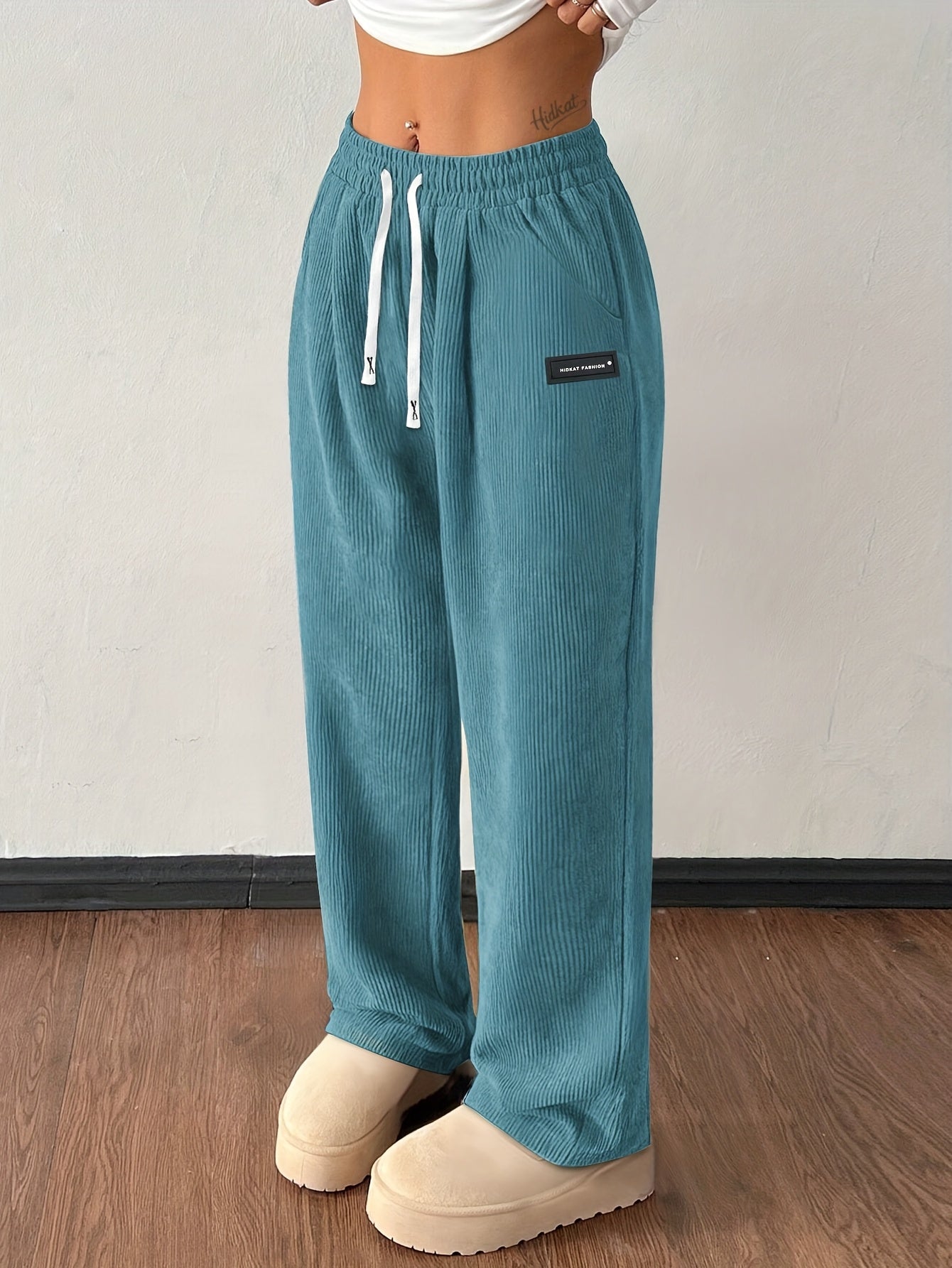 Damen Hose Wide Leg Regular Fit Cord Rippstruktur High Waist Kordelzug Elastisch Casual Atmungsaktiv Alltag