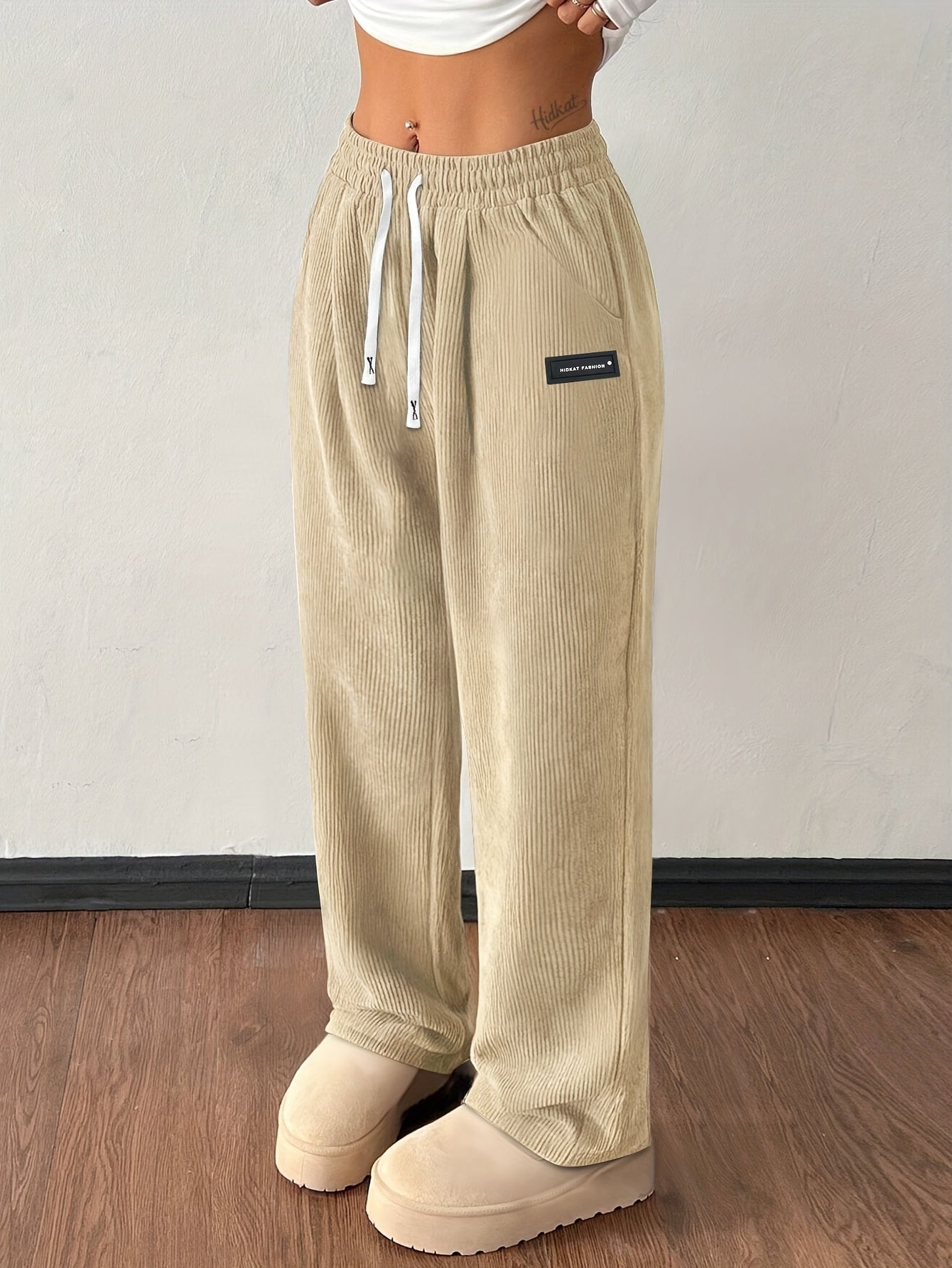 Damen Hose Wide Leg Regular Fit Cord Rippstruktur High Waist Kordelzug Elastisch Casual Atmungsaktiv Alltag