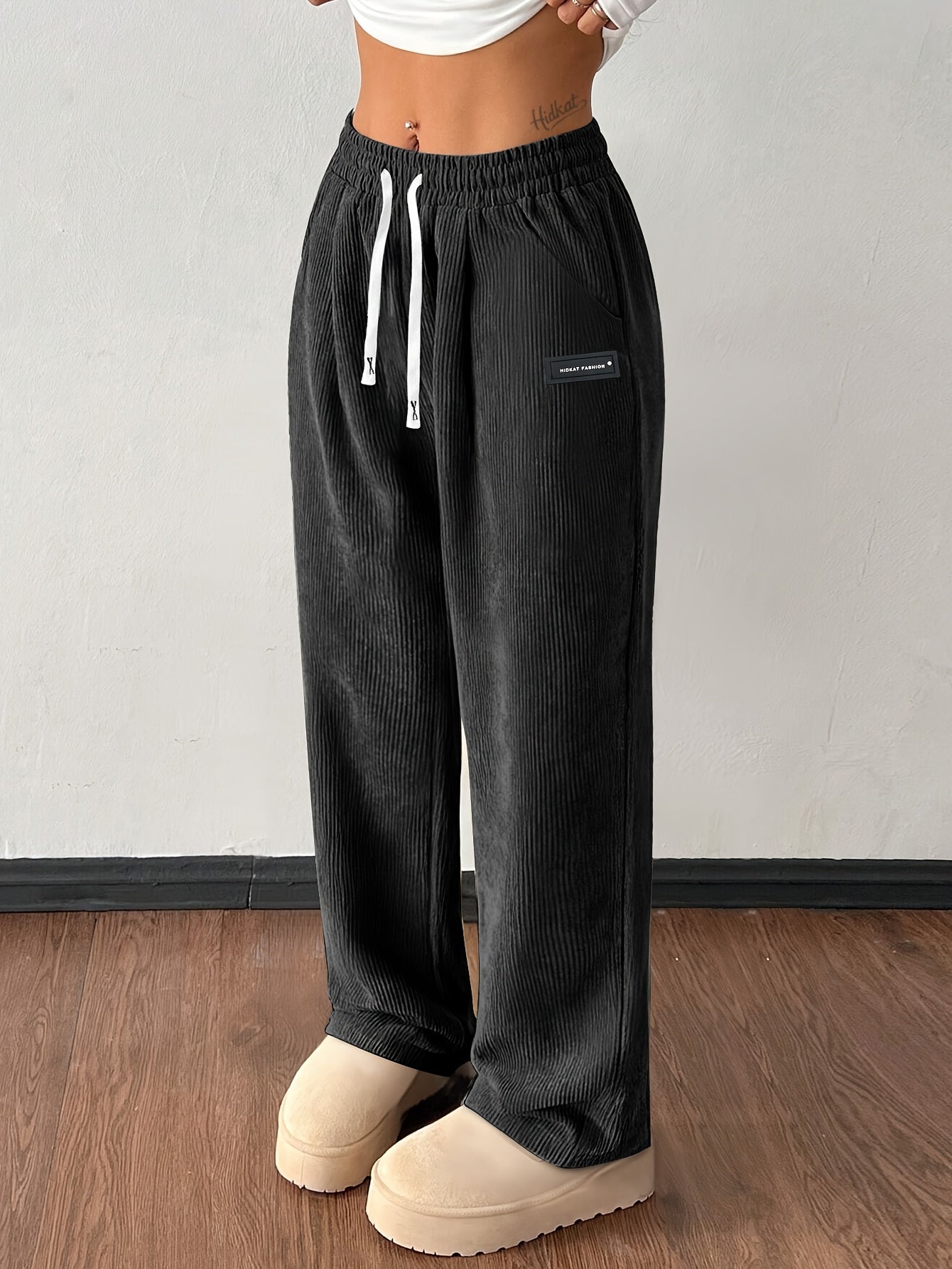 Damen Hose Wide Leg Regular Fit Cord Rippstruktur High Waist Kordelzug Elastisch Casual Atmungsaktiv Alltag