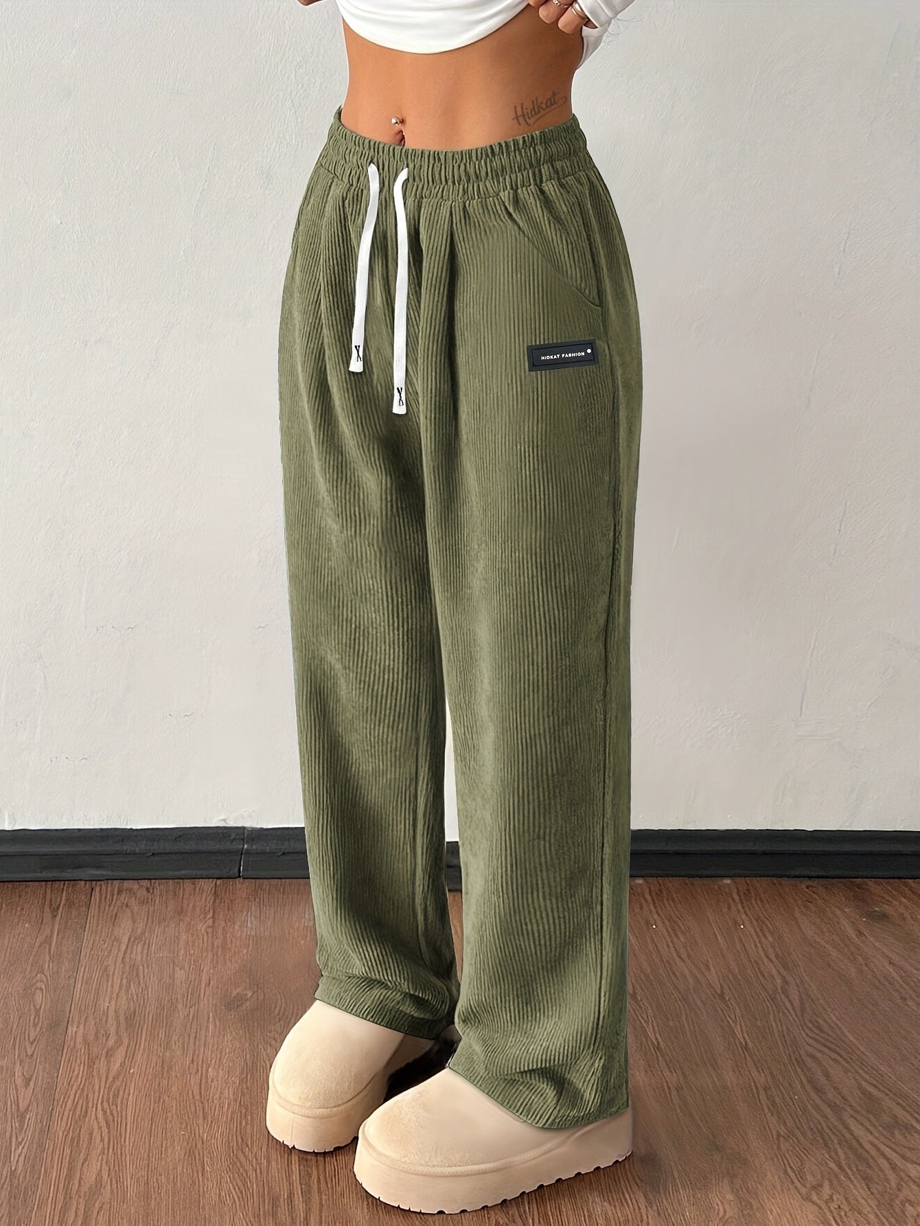 Damen Hose Wide Leg Regular Fit Cord Rippstruktur High Waist Kordelzug Elastisch Casual Atmungsaktiv Alltag
