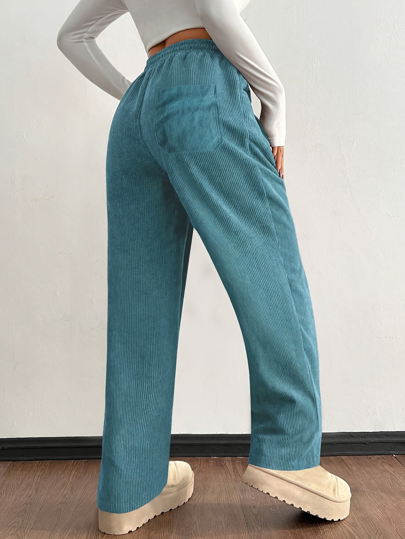 Damen Hose Wide Leg Regular Fit Cord Rippstruktur High Waist Kordelzug Elastisch Casual Atmungsaktiv Alltag