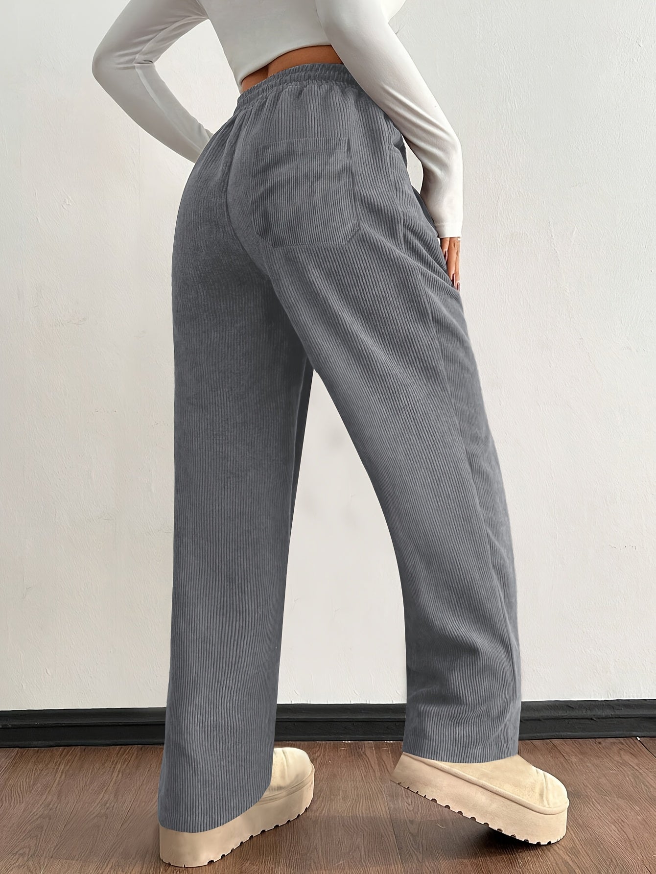 Damen Hose Wide Leg Regular Fit Cord Rippstruktur High Waist Kordelzug Elastisch Casual Atmungsaktiv Alltag