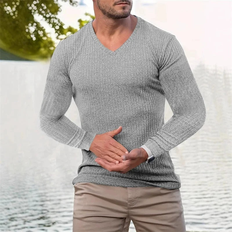 Herren Langarmshirt gestreifter V-Ausschnitt tailliert atmungsaktiv bequem