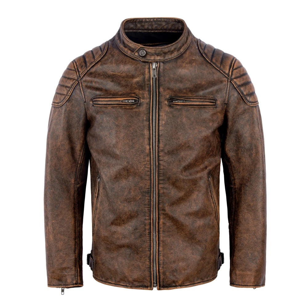 Herren Lederjacke einfarbig Retro Stil Slim Fit Langarm Reißverschluss Freizeit Bikerjacke